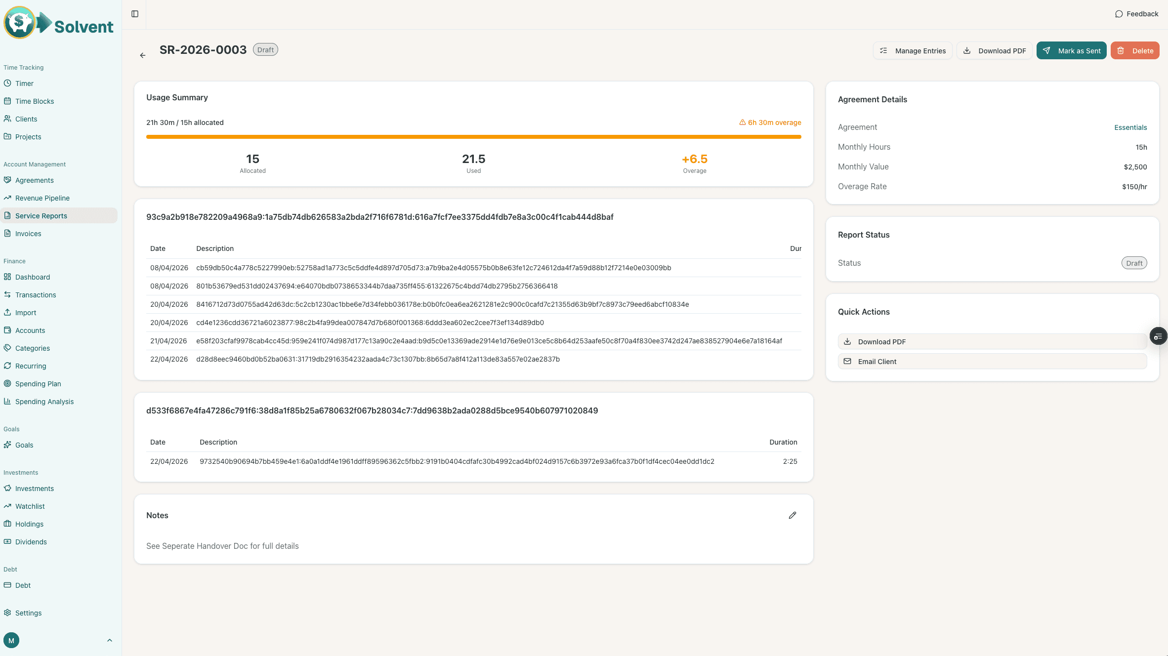 A real Solvent service report page rendering encrypted ciphertext instead of decrypted descriptions — the visible bug that proved encryption was working end-to-end.