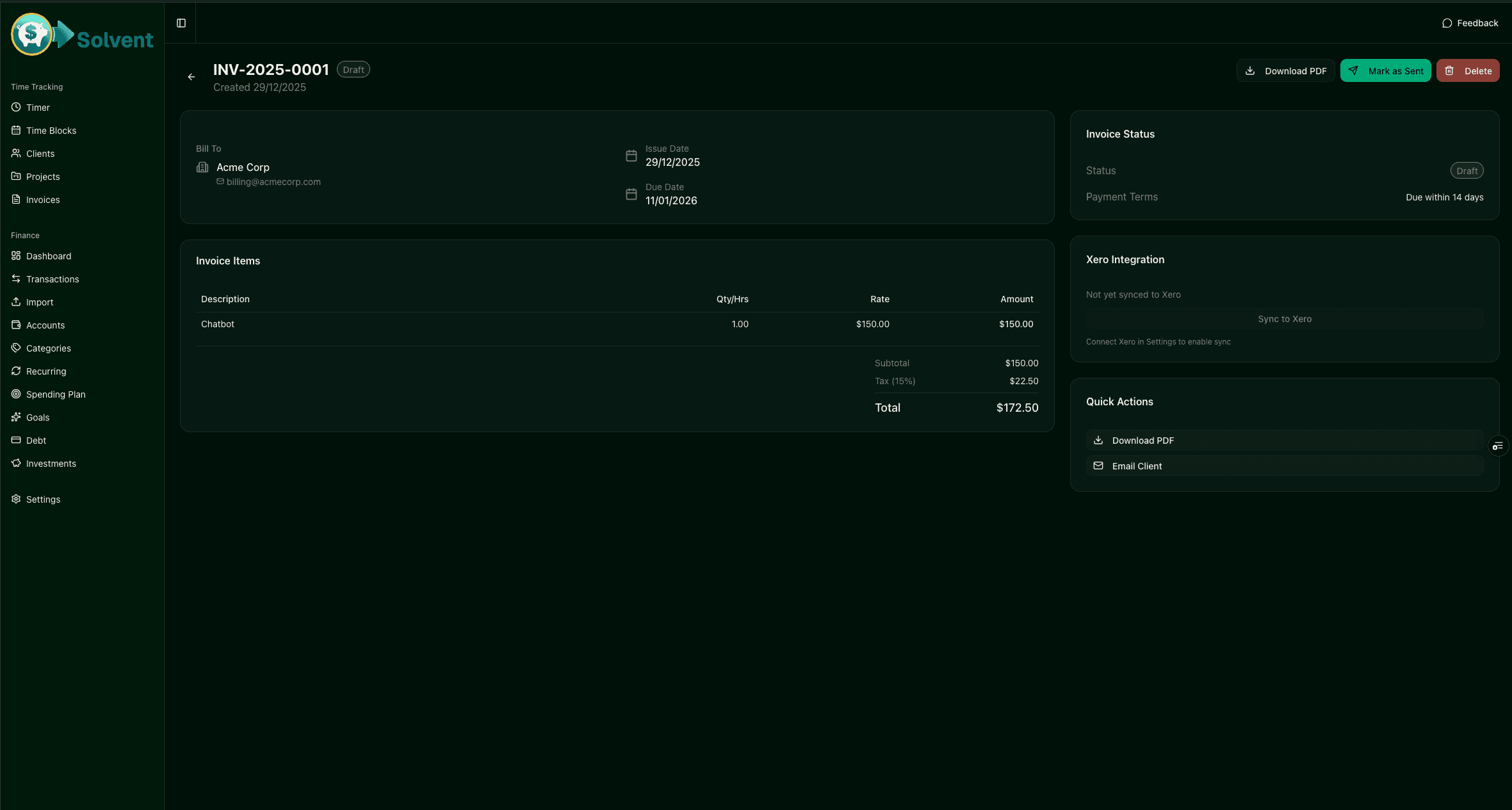 Solvent invoice showing line items, totals, and export options