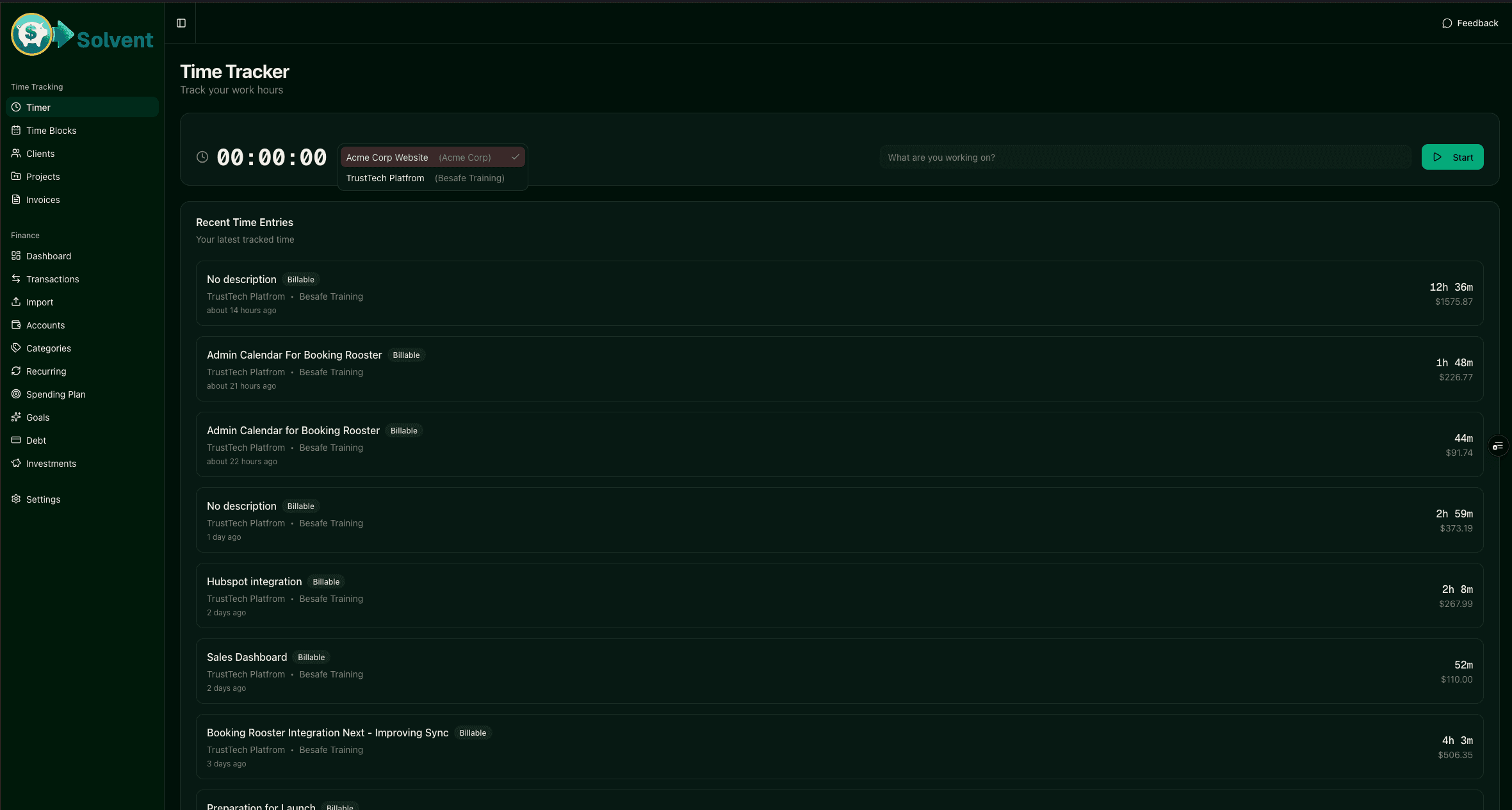 Solvent time tracker showing active timer with recent billable time entries