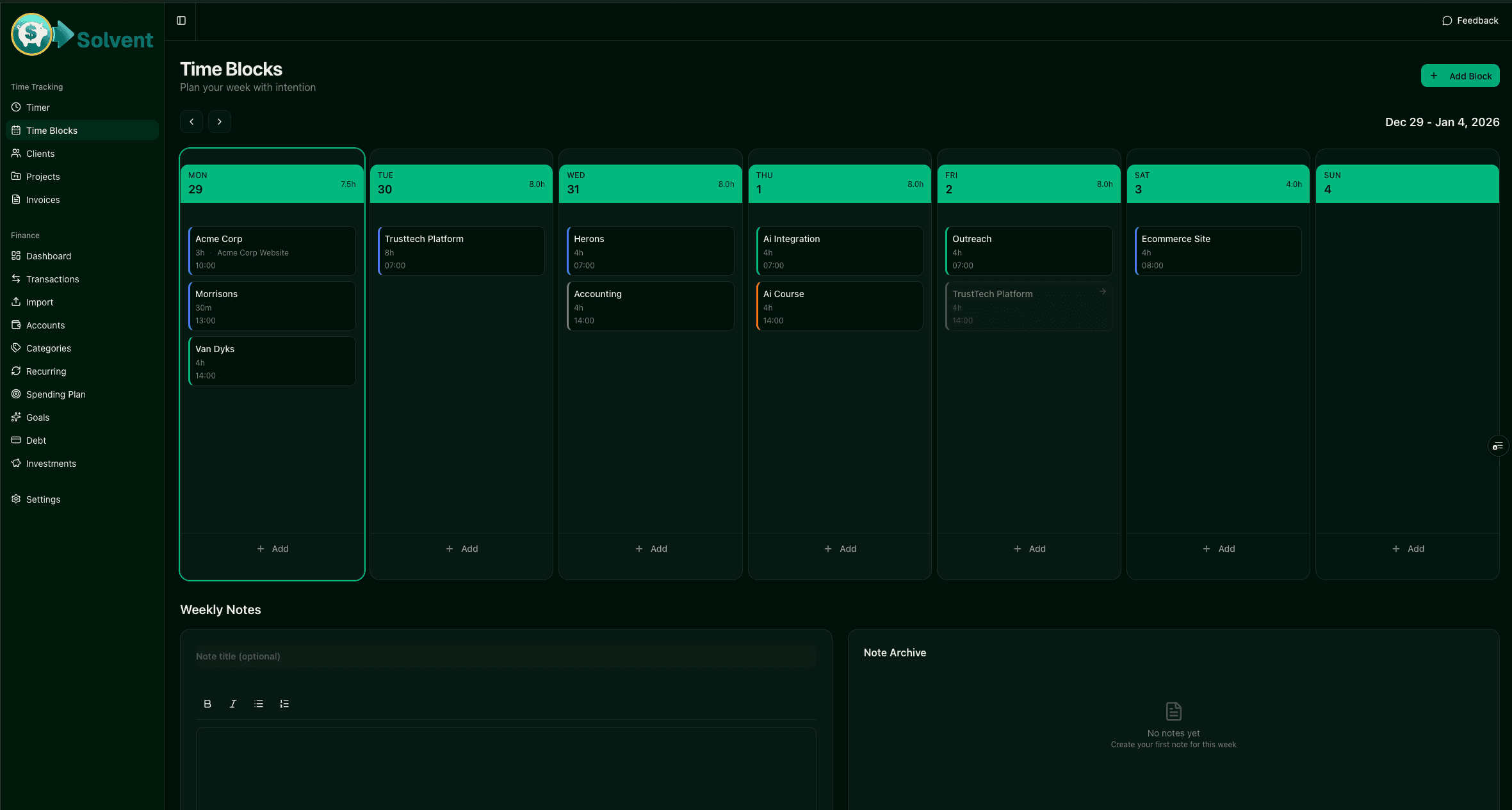 Solvent time blocks weekly view showing scheduled client work and personal time